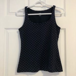 Navy with white polka dots top